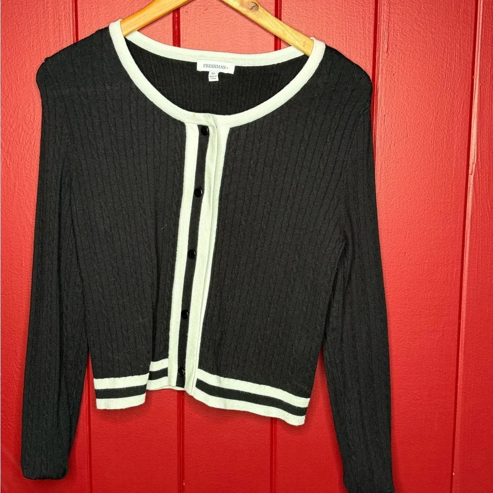 Black & White Button Front Ribbed Cardigan Sweater - Picture 3 of 8